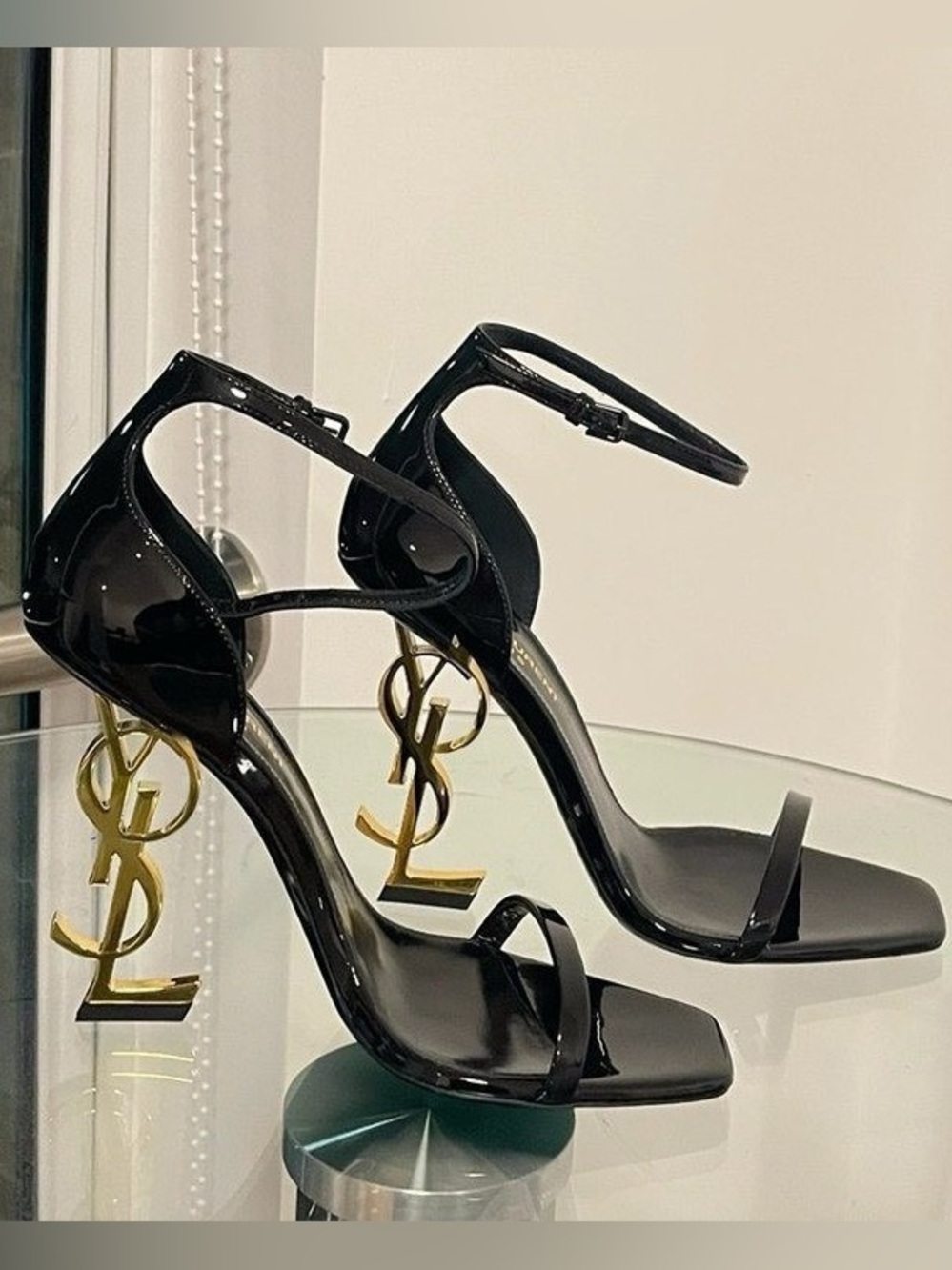 Saint Laurent Black Patent Pumps with Gold YSL Sculptural Heel